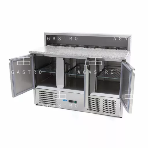 MAXIMA Pizza előkészítő hűtőszekrény - 3 ajtó - 136,5 cm - 400 L - rozsdamentes acél fedővel együtt