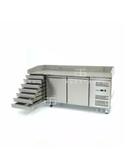   MAXIMA Gránitlapos pizzaelőkészítő hűtőszekrény 2 ajtóval - 202 cm - 780 L - 7 fiókos