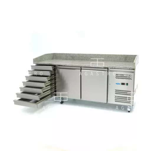 MAXIMA Gránitlapos pizzaelőkészítő hűtőszekrény 2 ajtóval - 202 cm - 580 L - 7 fiókos