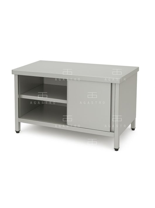 Rozsdamentes asztal dupla polccal, három oldalon burkolva és tolóajtóval 1500x650x850 mm