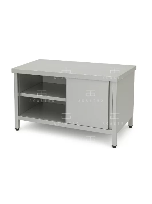 Rozsdamentes asztal dupla polccal, három oldalon burkolva és tolóajtóval 1800x650x850 mm