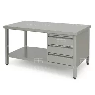 Rozsdamentes asztal polccal 3 fiókkal 1500x700x850 mm