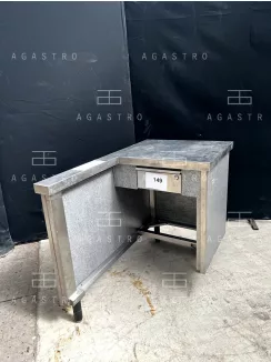   Használt rozsdamentes sarok munkaasztal fiókkal / kasszapult