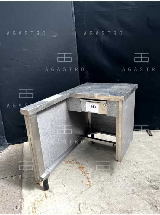 Használt rozsdamentes sarok munkaasztal fiókkal / kasszapult