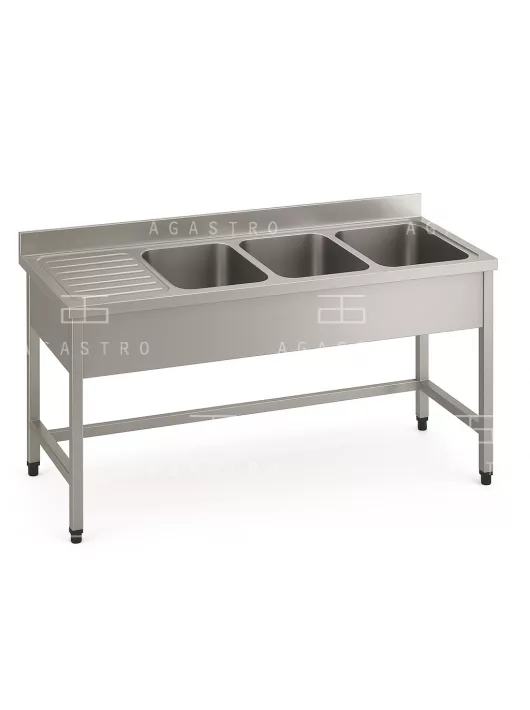 Hárommedencés mosogató csepegtetővel - 2400 x 700 x 850 mm, 500 x 500 x 300 mm medencével