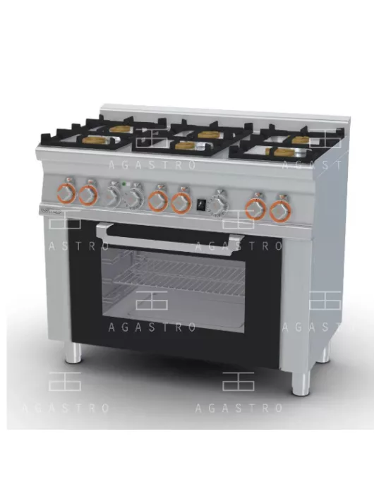 Gázüzemű tűzhely, elektromos statikus sütővel GN1/1 - 6 égőfej, 29,62 kW