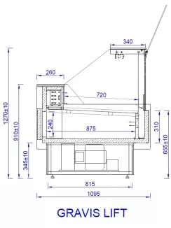   GRAVIS LIFT - Csemegepult teleszkópos frontüveggel - statikus, 0,68 m² bemutatófelülettel