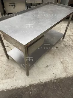 Használt rozsdamentes asztal alsó polccal és fiókkal