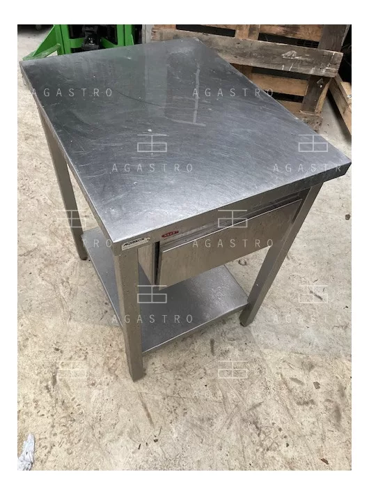 Használt rozsdamentes asztal alsó polccal és fiókkal