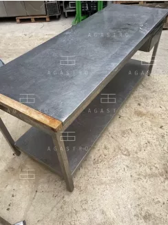 Használt rozsdamentes asztal alsó polccal és fiókkal