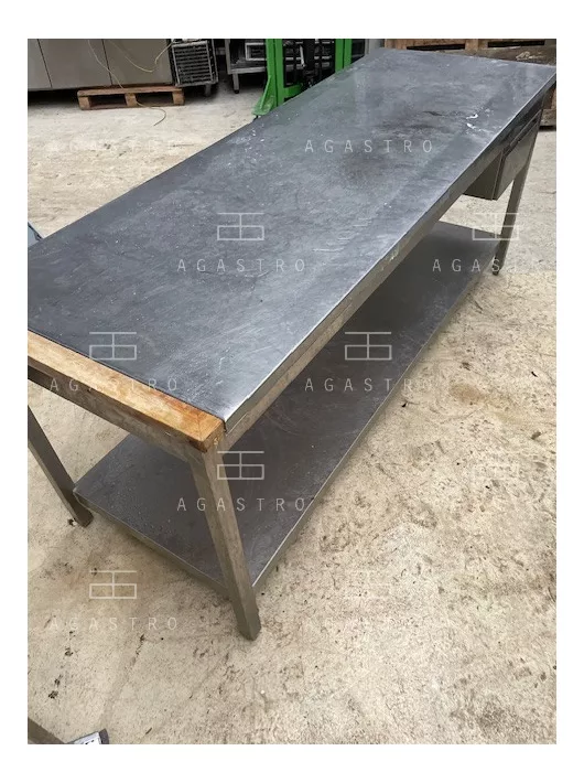 Használt rozsdamentes asztal alsó polccal és fiókkal