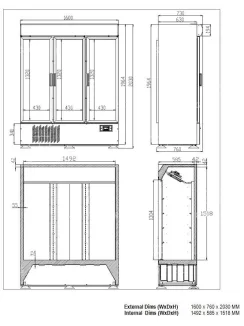   KH-VC1600GDCA Szupermarket hűtővitrin - 1325 liter, 1600 x 760 x 2030 mm