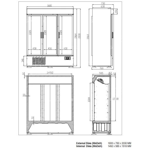 KH-VC1600GDCA Szupermarket hűtővitrin - 1325 liter, 1600 x 760 x 2030 mm