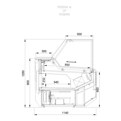 MODENA MODERN W 110 - Csemegepult felnyitható frontüveggel - ventilációs, 0,85 m² bemutatófelülettel