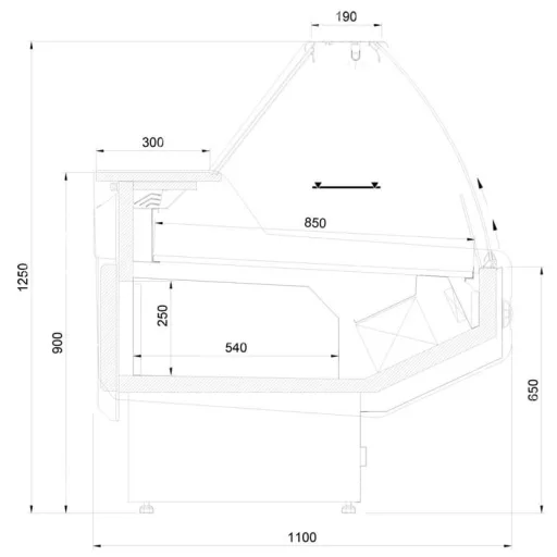 MODENA W 110 - Hajlított üvegű csemegepult- ventilációs, 0,85 m² bemutatófelülettel