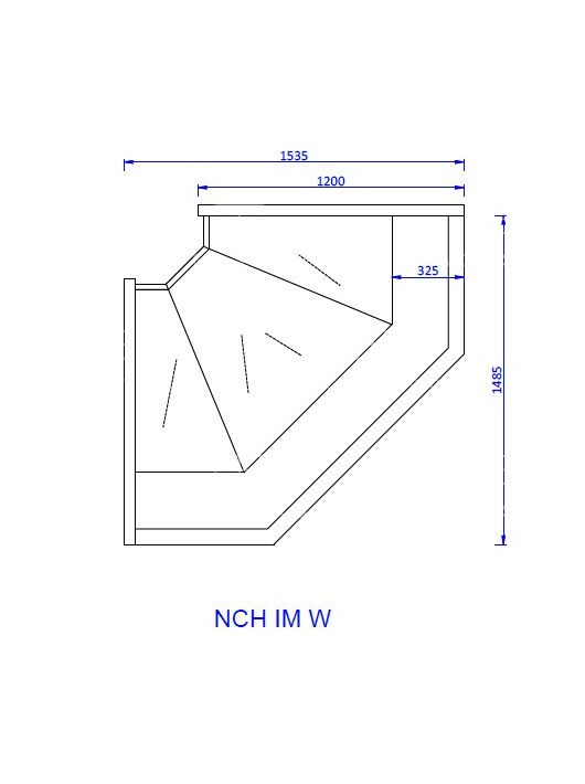 NCH IM W - Hajlított üvegű sarokpult - statikus, 1,0 m² bemutatófelülettel