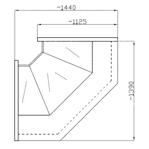 NCH I W - Hajlított üvegű belső sarokpult (90°) - statikus, 0,85 m² bemutatófelülettel