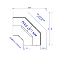   NW ORIS LIFT - Belső sarokpult nyitható teleszkópos frontüveggel - ventilációs, 1,3 m² bemutatófelülettel