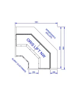   NW ORIS LIFT - Belső sarokpult nyitható teleszkópos frontüveggel - ventilációs, 1,3 m² bemutatófelülettel
