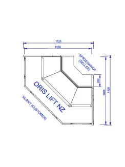  NZ ORIS LIFT - Külső sarokpult nyitható teleszkópos frontüveggel - ventilációs, 1,47 m² bemutatófelülettel