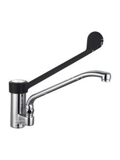   Ipari kivitelű, asztali csaptelep hosszú fekete karral és kifolyóval