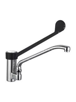   Ipari kivitelű, asztali csaptelep hosszú fekete karral és kifolyóval