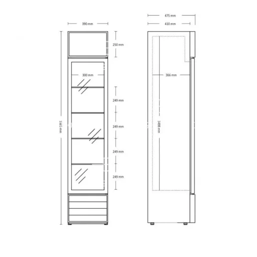 SD 217 E - Üvegajtós hűtővitrin  (+25°C, 60% Rh) 0 ... +10 °C hűtéstartománnyal, 390 x 475 x 1880 mm