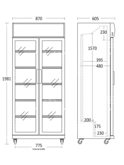   SD 881 HE - Dupla nyílóajtós hűtővitrin - 437 literes, +0 ... +10 °C hűtéstartománnyal, 0.51 kW, 870 x 605 x 1996 mm