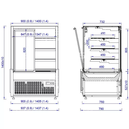 SONATA 1.4 Süteményes pult dupla frontüveggel (+25°C, 60% Rh) + 5 ... + 15 °C hűtéstartománnyal, 1437x790x1400 mm
