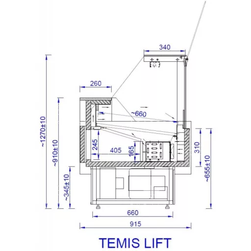 TEMIS LIFT - Csemegepult nyitható fron üveggel - ventilációs, 0,62 m² bemutatófelülettel