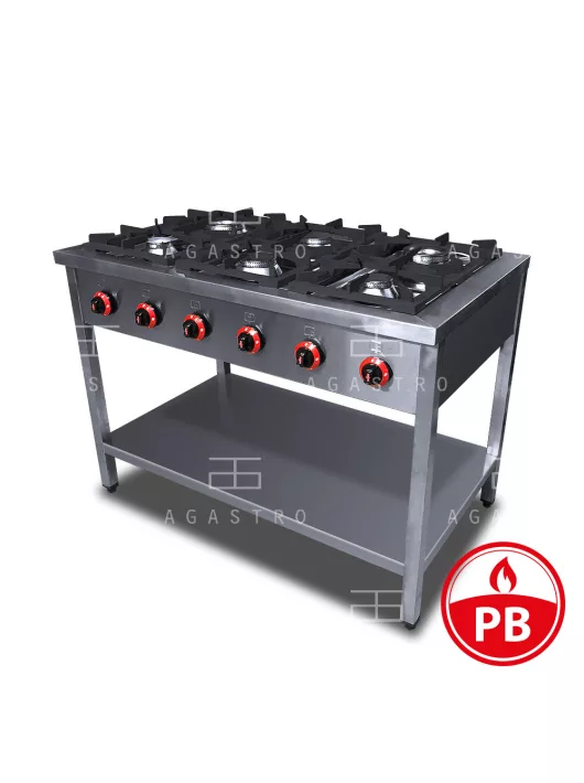  6 égős ipari PB gázüzemű tűzhely, lábon álló, őrlánggal - 900Sr