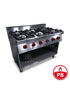   6 égős ipari PB gázüzemű tűzhely sütő nélkül, őrlánggal, főzősorba illeszthető - 700Sr