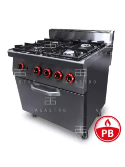   4 égős ipari PB gáztűzhely, GN2/1 gázüzemű sütővel, főzősorba, őrlánggal - 700Sr