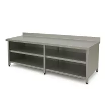Rozsdamentes asztal 2100 mm szélességtől, dupla polccal, hátsó felhajtással és három oldalon burkolva