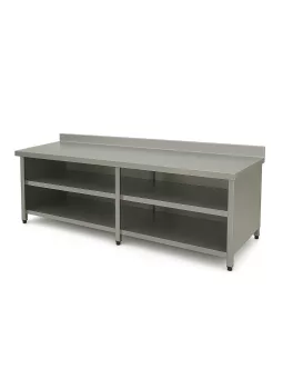 Rozsdamentes asztal 2100 mm szélességtől, dupla polccal, hátsó felhajtással és három oldalon burkolva