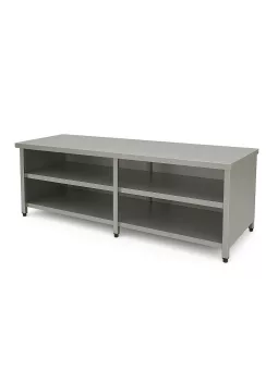 Rozsdamentes asztal 2100 mm szélességtől, dupla polccal és három oldalon burkolva